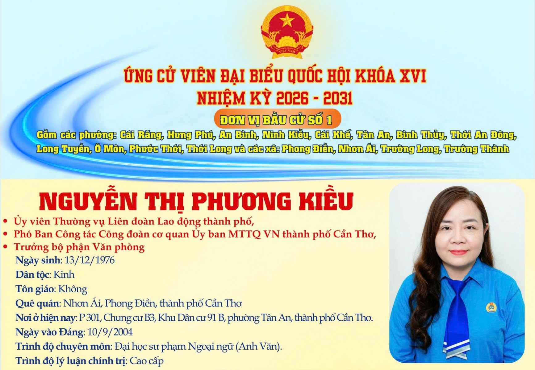Công đoàn Cần Thơ giới thiệu tóm tắt quá trình công tác của ứng cử viên Đại biểu Hội đồng nhân dân thành phố Cần Thơ nhiệm kỳ 2026 - 2031