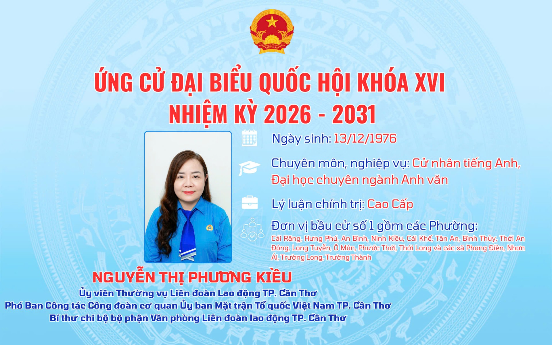 Công đoàn Cần Thơ trân trọng giới thiệu danh sách ứng cử Đại biểu Quốc hội khoá XVI, nhiệm kỳ 2026 - 2031 