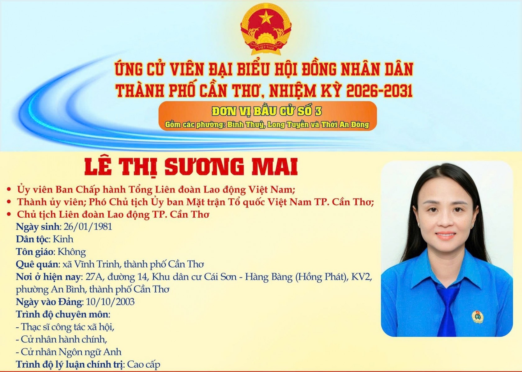 Công đoàn Cần Thơ giới thiệu tóm tắt quá trình công tác của ứng cử viên Đại biểu Hội đồng nhân dân thành phố Cần Thơ nhiệm kỳ 2026 - 2031